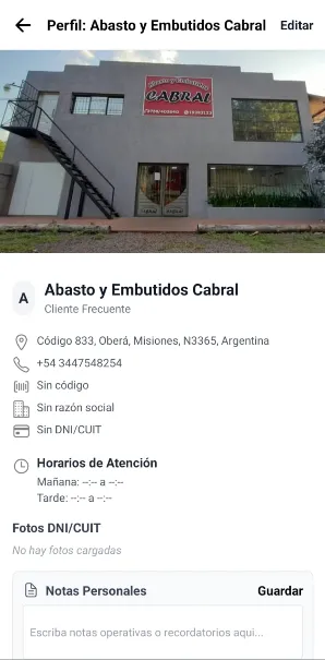 Perfil detallado de cliente con dirección, teléfono y notas operativas