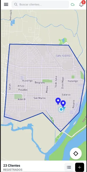 Mapa de zona con polígono de cobertura y ubicación de clientes