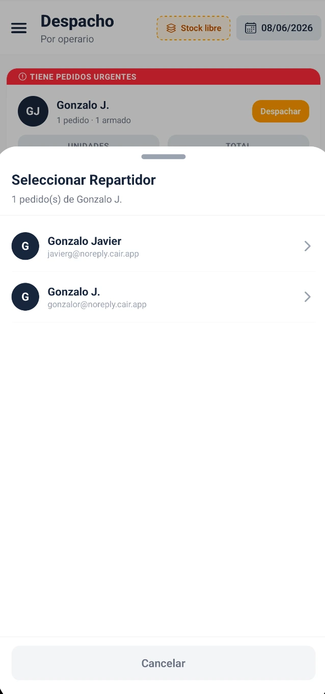 Despacho del día en CAIR con productos asignados y estado de armado