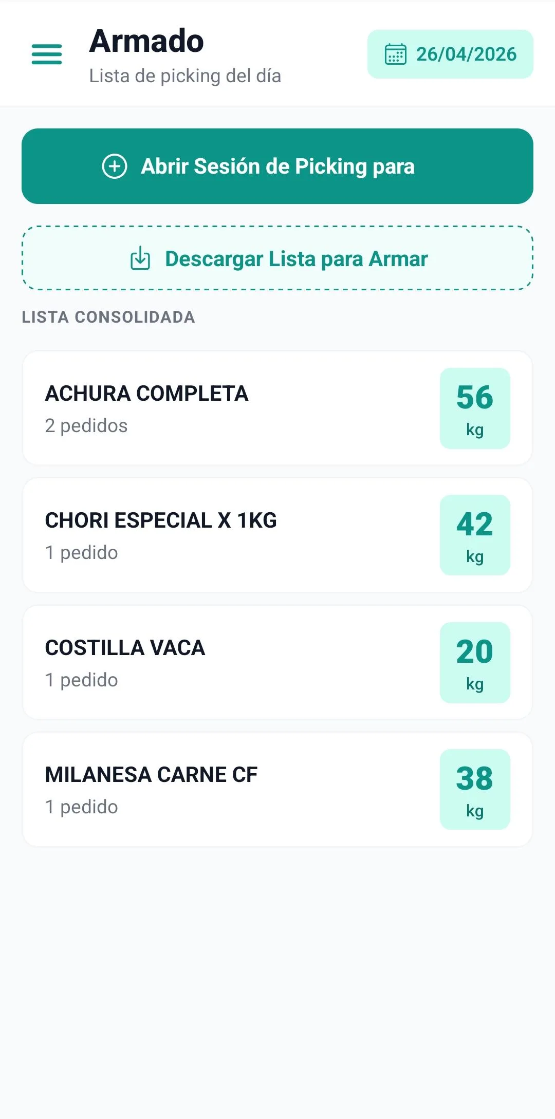 Lista consolidada de armado y picking del día en CAIR