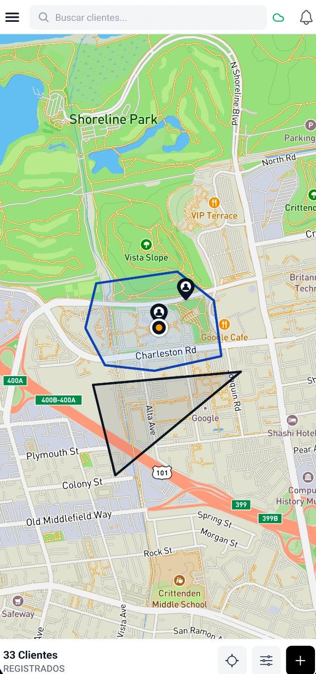 App de preventa CAIR mostrando el mapa de clientes registrados con zona asignada