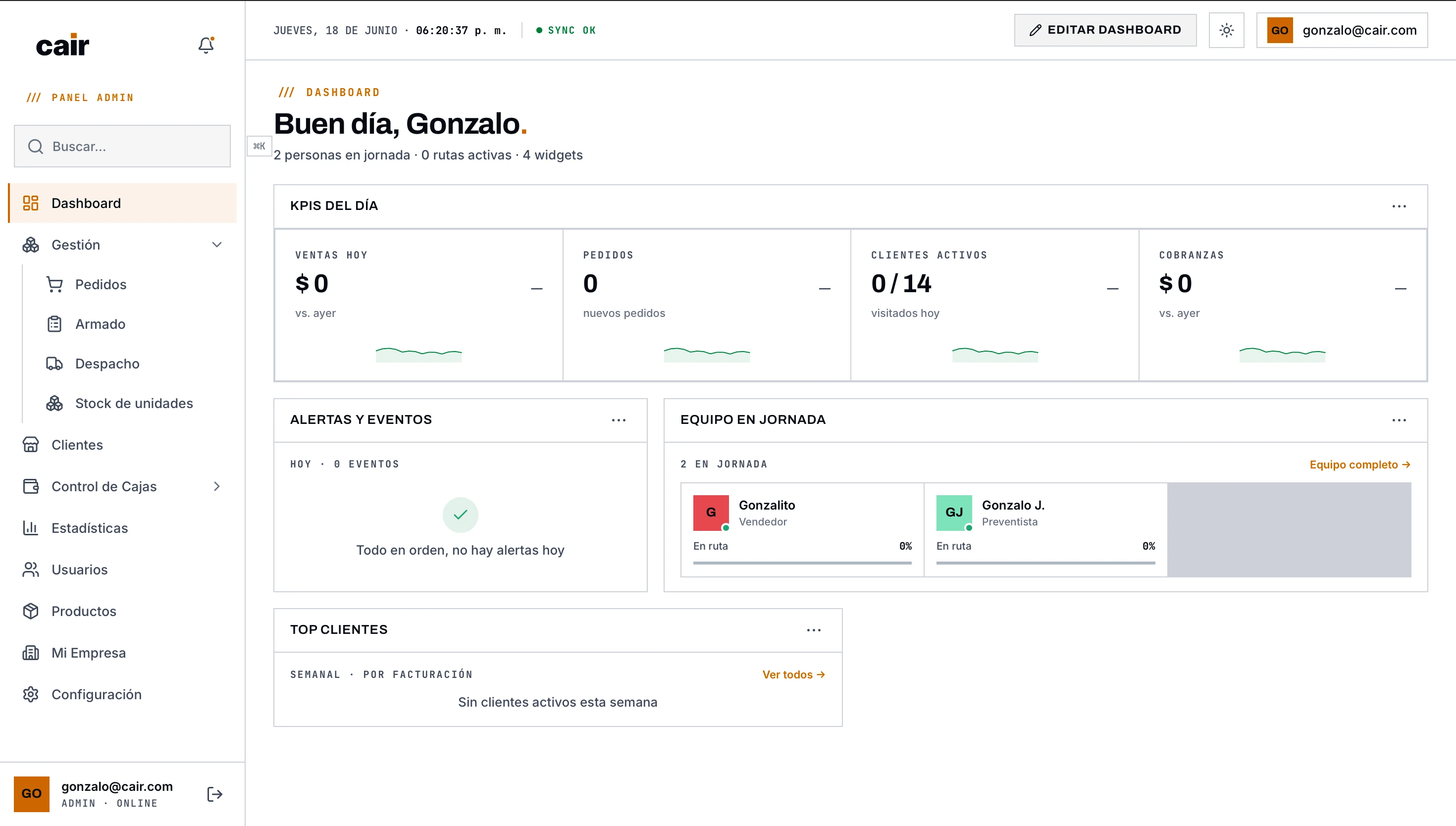 Panel web de administración CAIR mostrando vista global de pedidos, entregas y métricas en tiempo real
