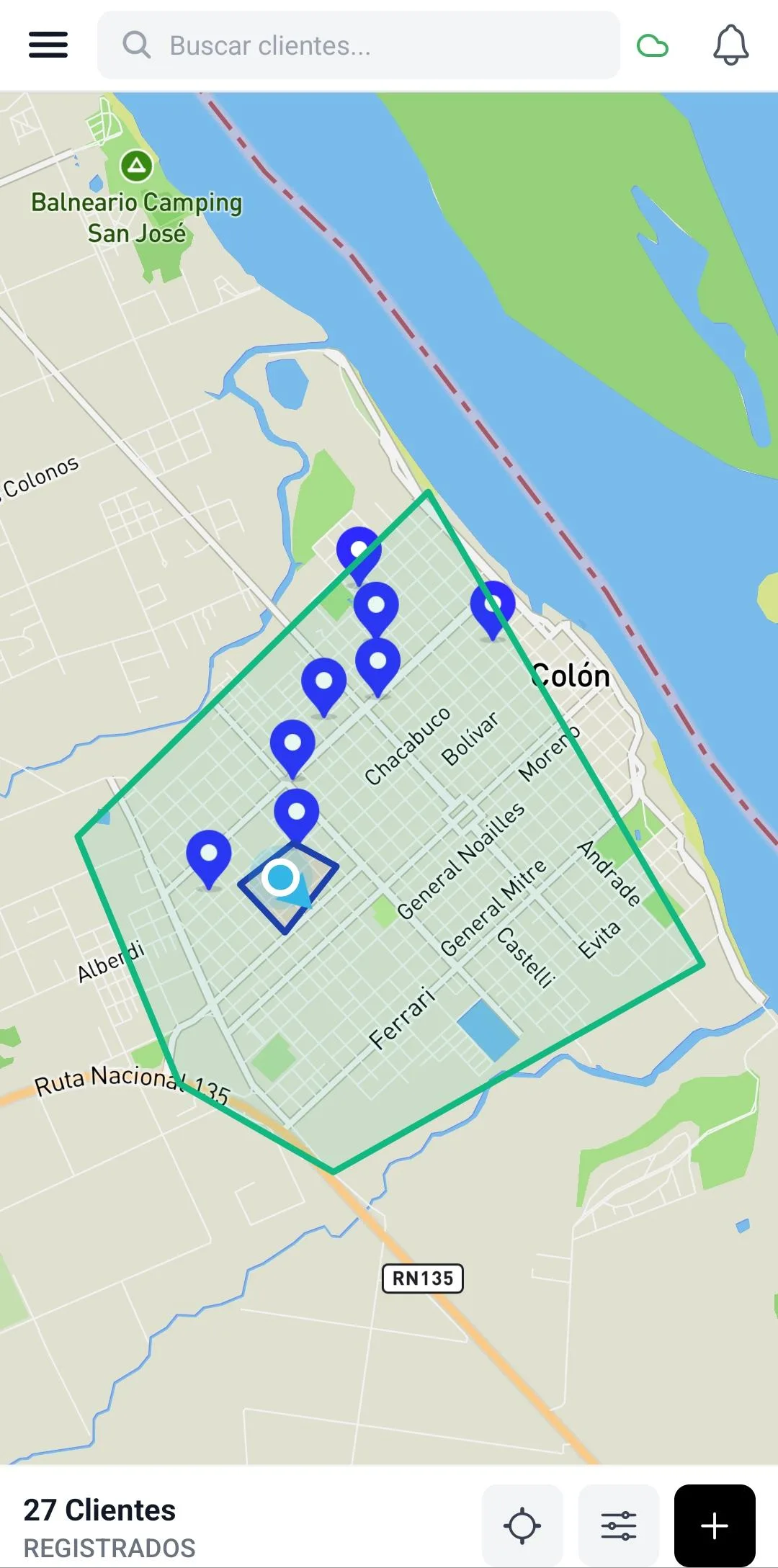 App de preventa CAIR mostrando el mapa de clientes registrados con zona asignada