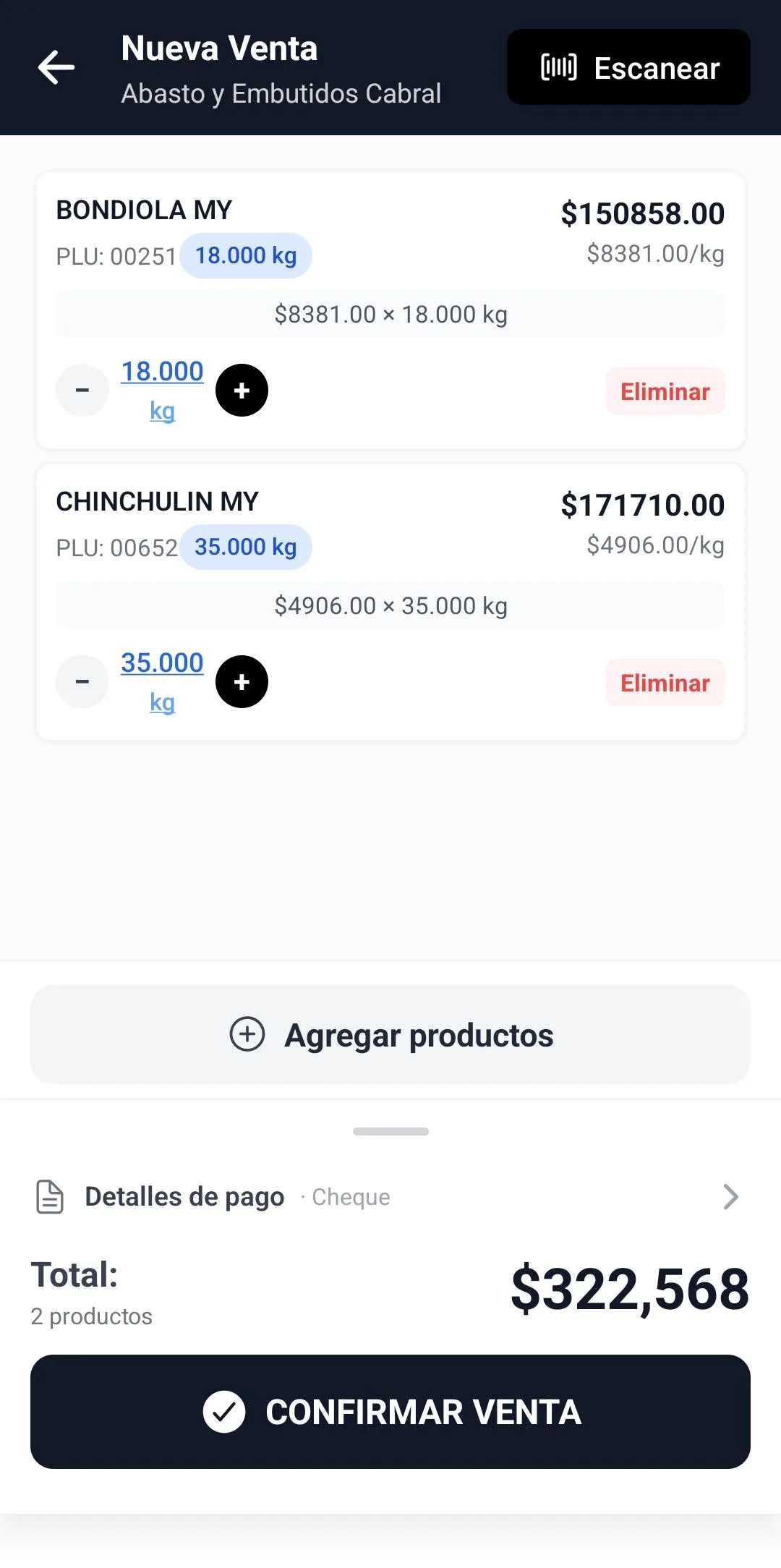 Pantalla de nueva venta en CAIR con productos y selector de medio de pago